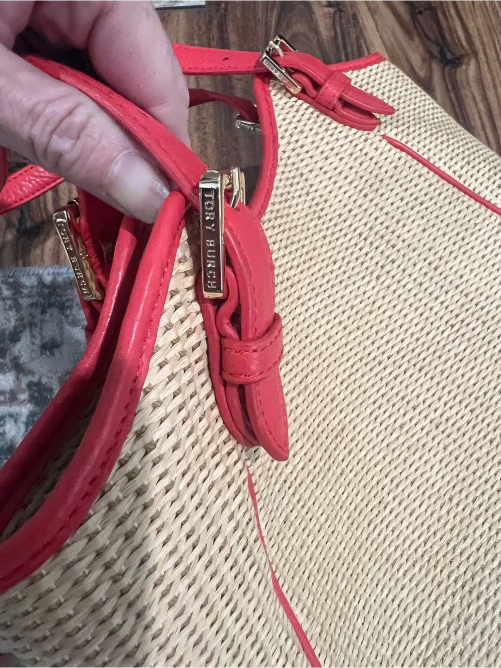 Tory Burch Raffia Straw Tote with Poppy Red Leather Trim